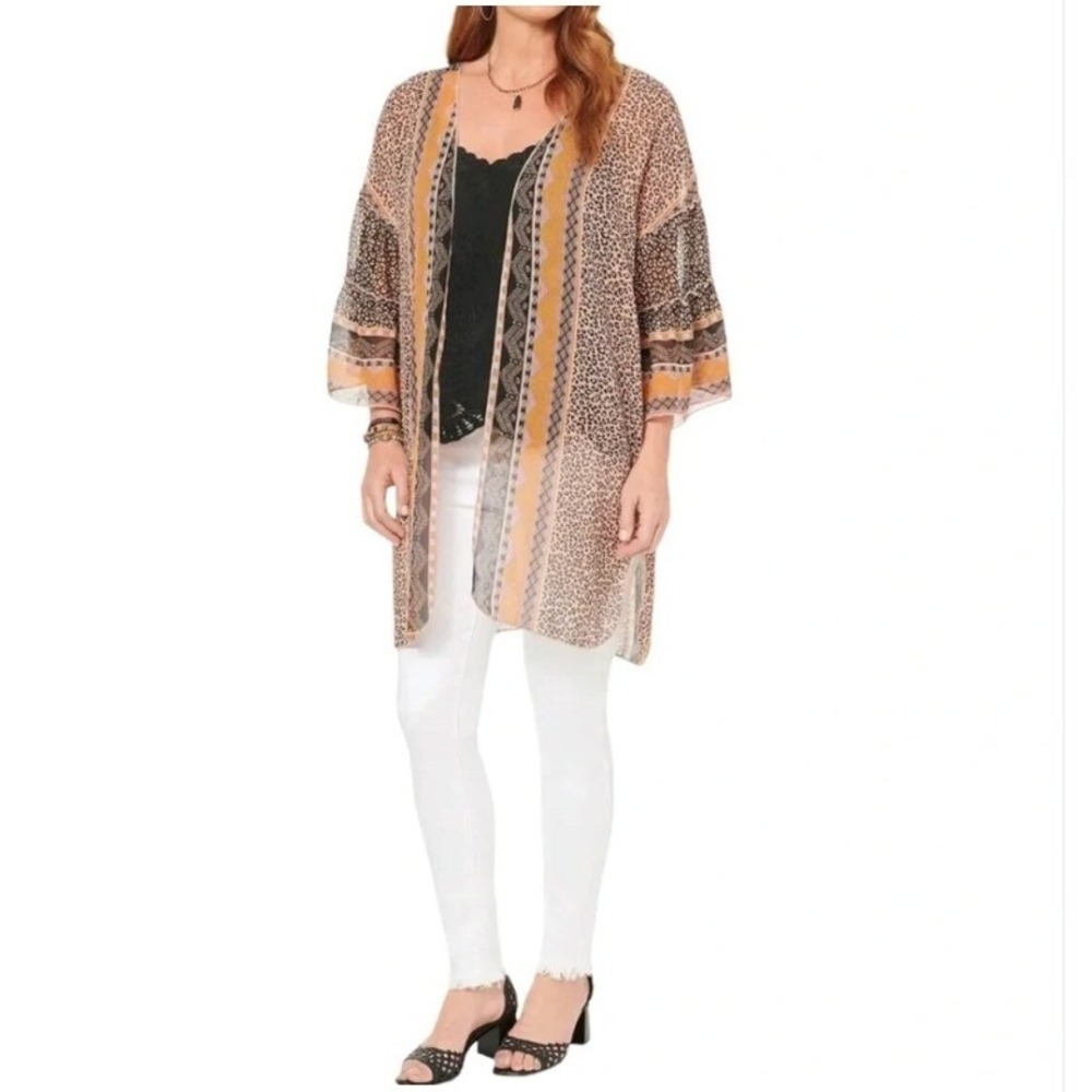 Democracy Women's Size Small/Medium Open Front Chiffon Kimono Brown Black Animal